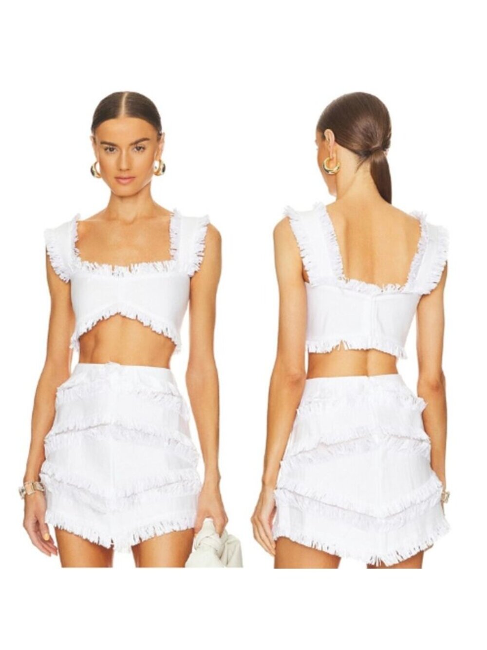 NWT Alexis Sleeveless Linen Fringe Trim Elmi Crop Top White Raffia Size: XS